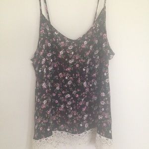 black floral tank top white lace trim